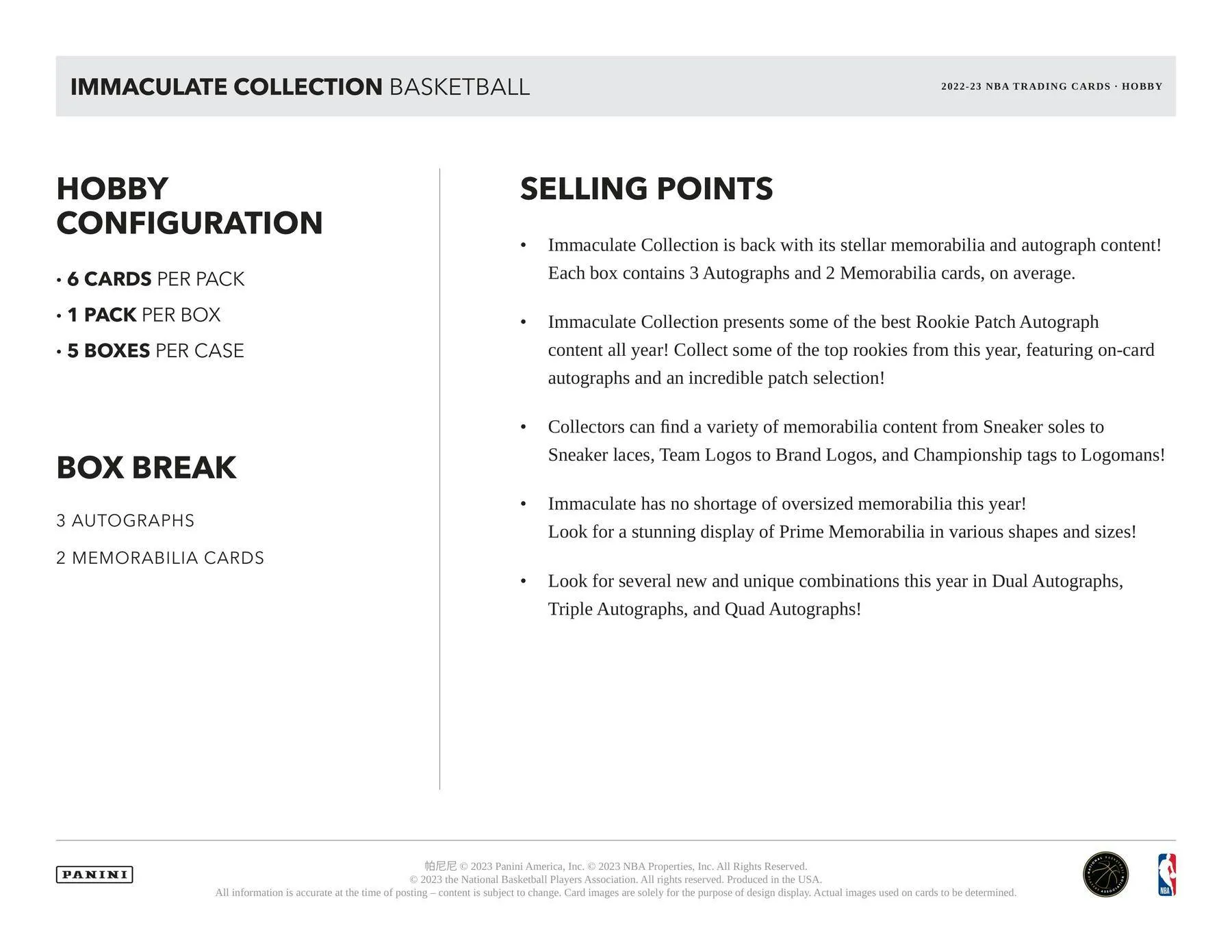 2022-23 Panini Immaculate Basketball Hobby