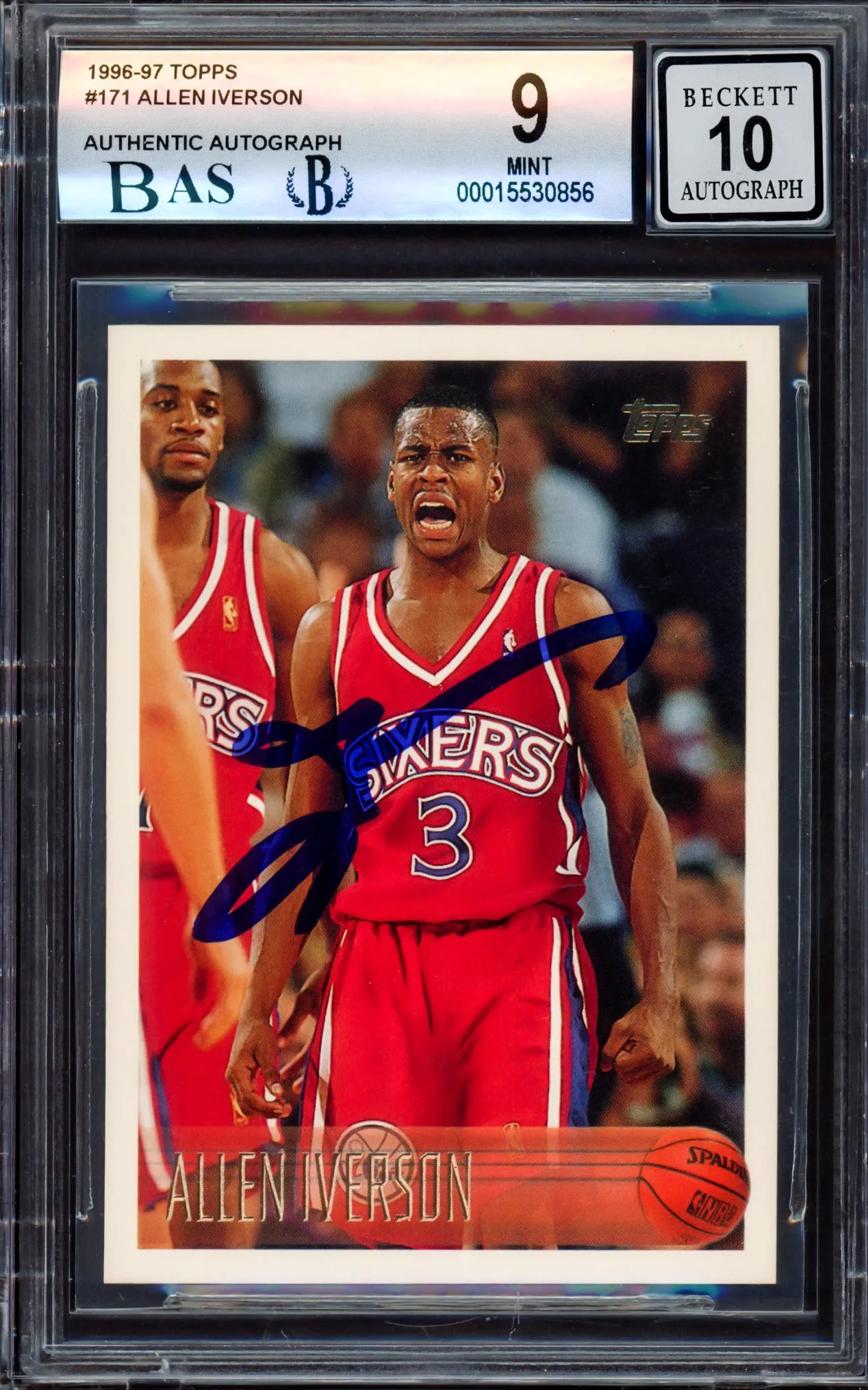 Allen Iverson Autographed 1996-97 Topps Rookie Card #171 Philadelphia 76ers BGS 9 Auto Grade Gem Mint 10 Beckett BAS Stock #214860