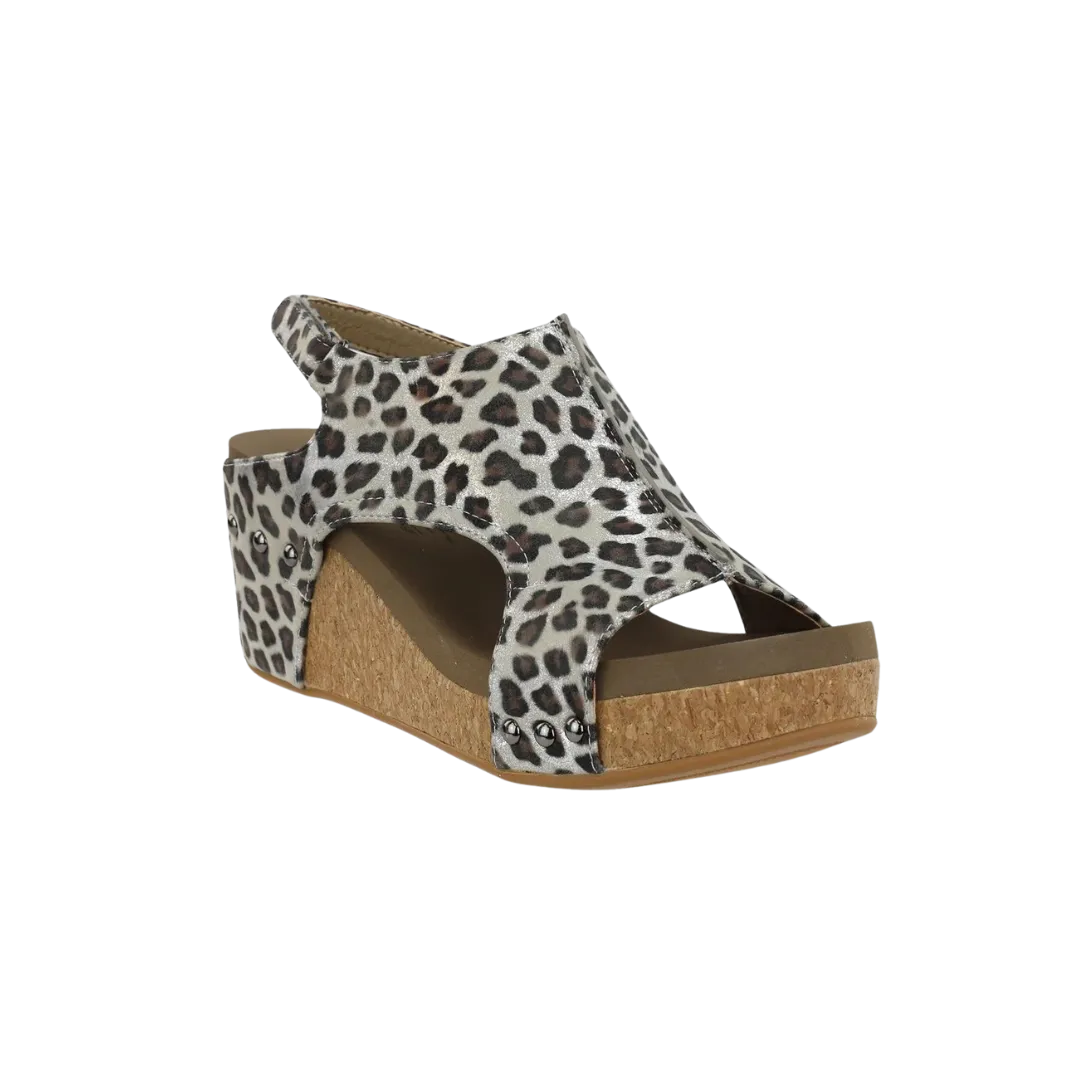 Corky's Women's Carley Metallic Leopard Wedge Silver Casual Sandals