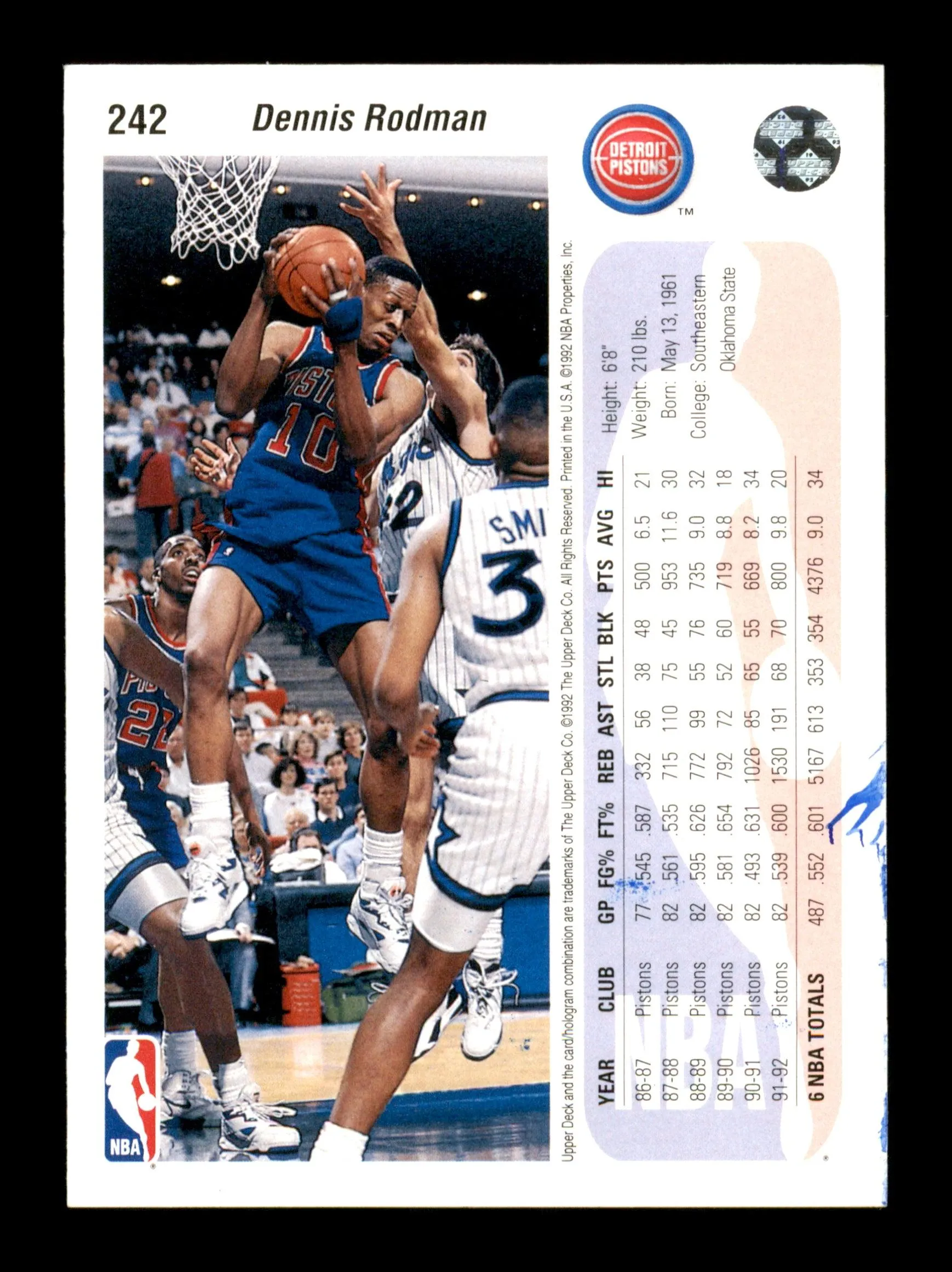 Dennis Rodman Autographed 1992-93 Upper Deck Card #242 Detroit Pistons SKU #190488