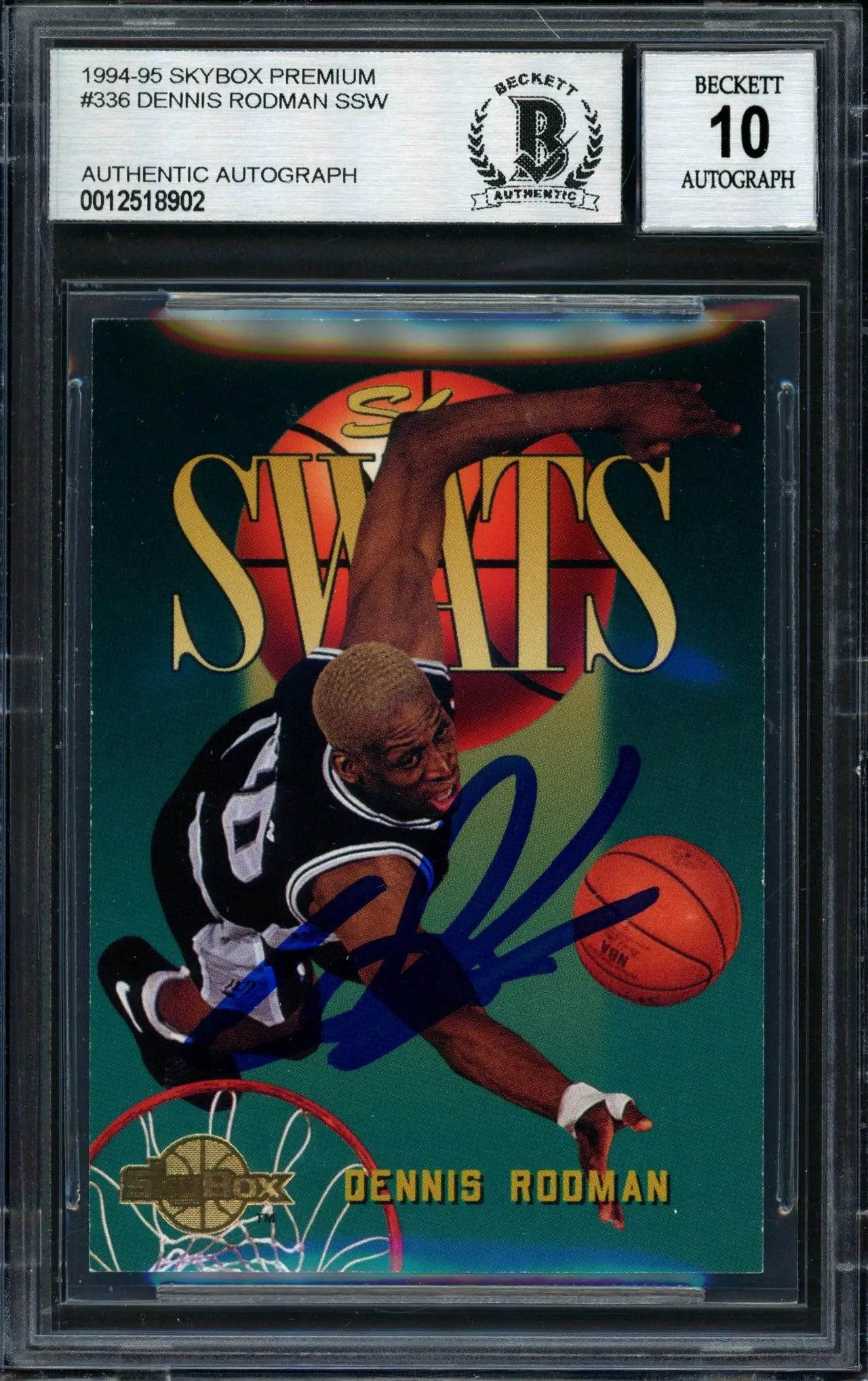 Dennis Rodman Autographed 1994-95 Skybox Card #336 San Antonio Spurs Auto Grade 10 Beckett BAS #12518902