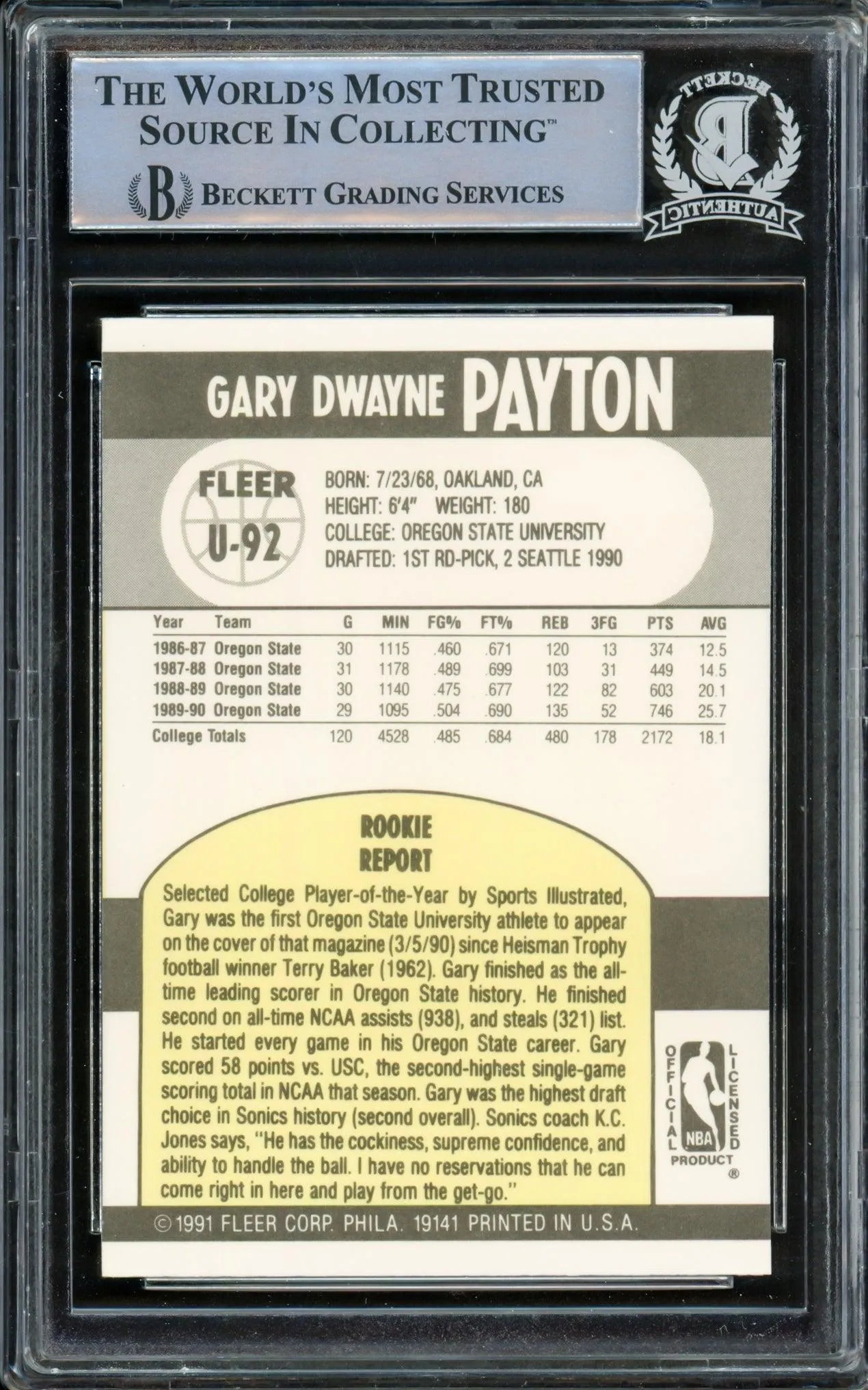 Gary Payton Autographed 1990-91 Fleer Update Rookie Card #U-92 Seattle Supersonics Beckett BAS Stock #209776