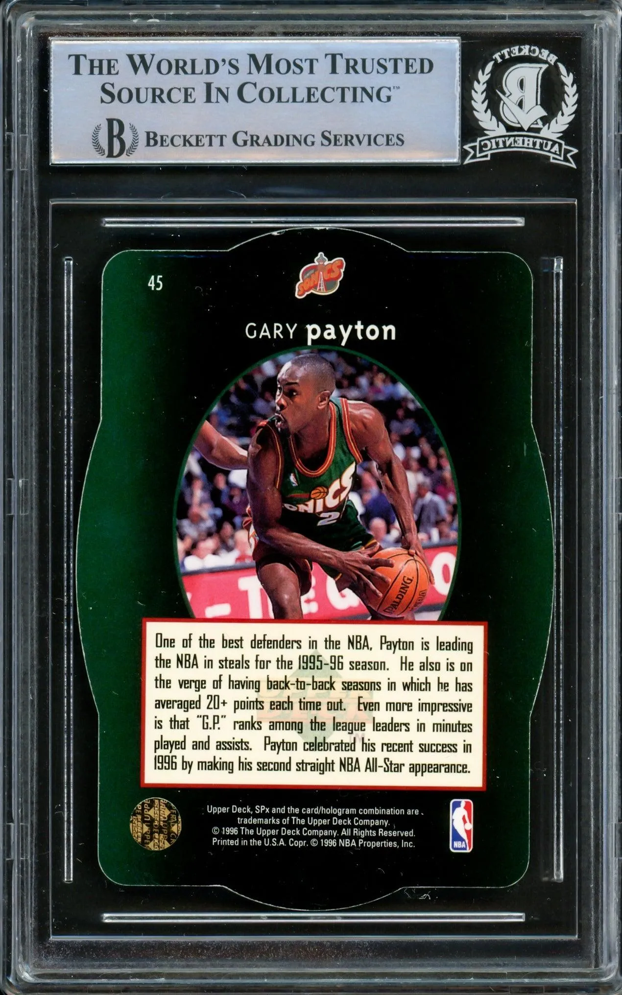 Gary Payton Autographed 1996-97 Upper Deck SPX Card #45 Seattle Supersonics Beckett BAS #14863462