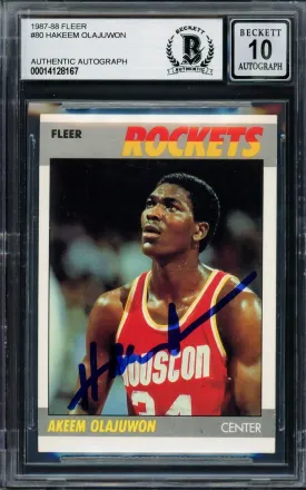 Hakeem Olajuwon Autographed 1987-88 Fleer Card #80 Houston Rockets Auto Grade Gem Mint 10 Beckett BAS #14128167