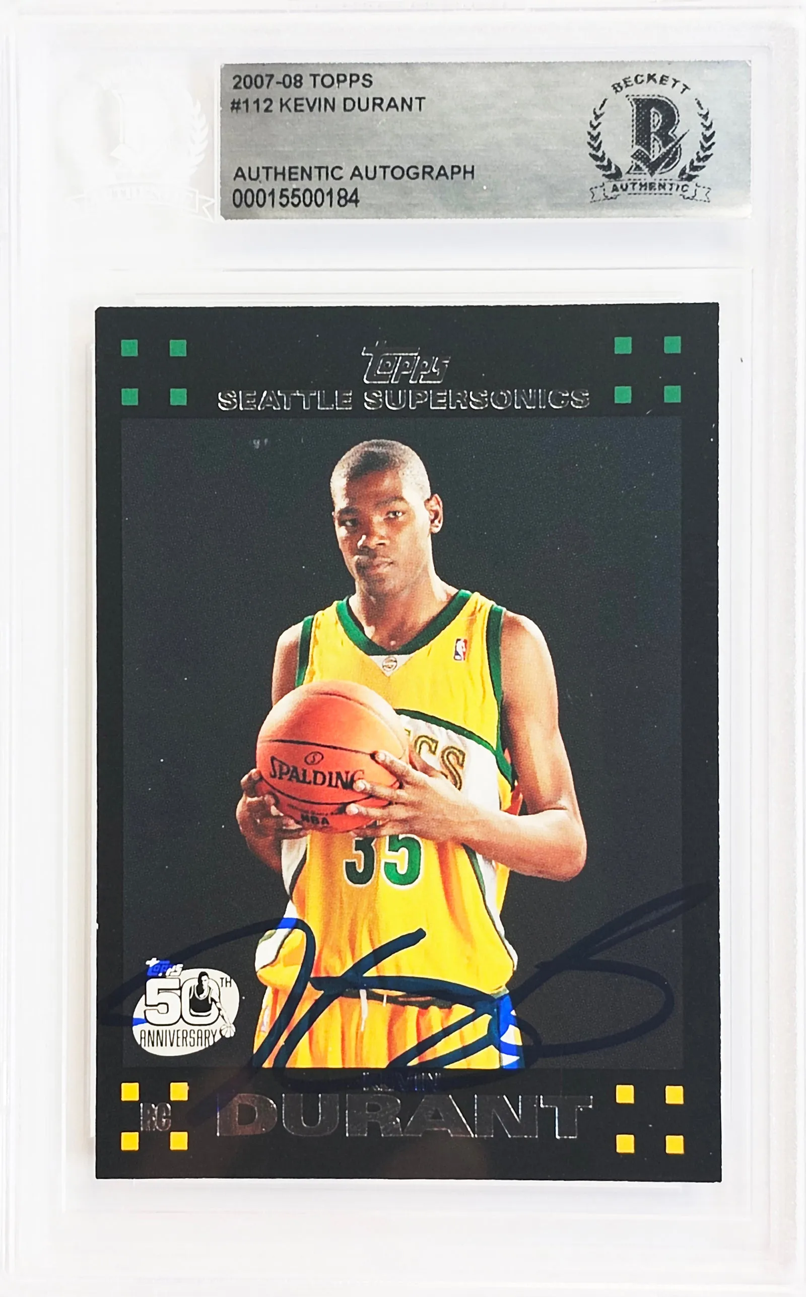 Kevin Durant Autographed 2007-08 Topps Rookie Card #112 Seattle Sonics On Card Beckett BAS #15500184