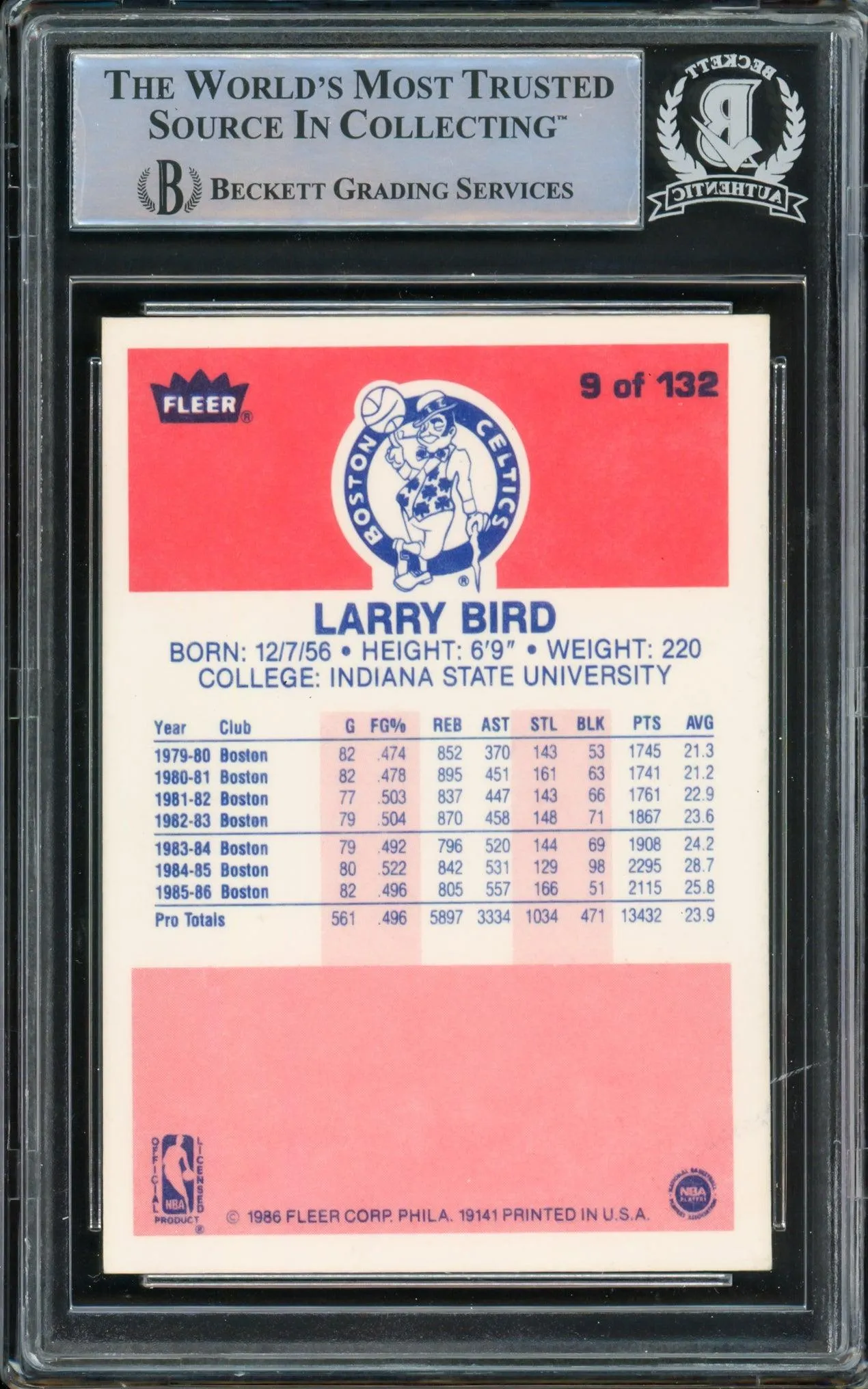 Larry Bird Autographed 1986-87 Fleer Card #9 Boston Celtics Beckett BAS #14612400