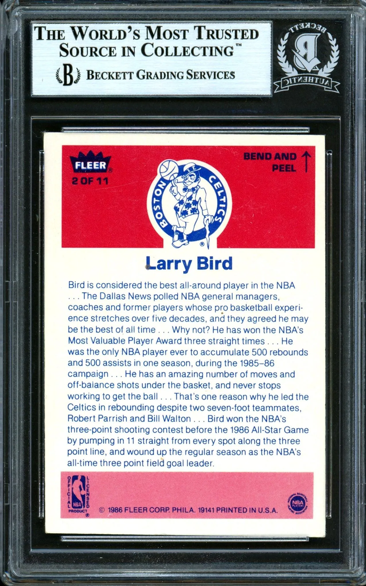 Larry Bird Autographed 1986-87 Fleer Sticker Card #2 Boston Celtics Beckett BAS #13446478