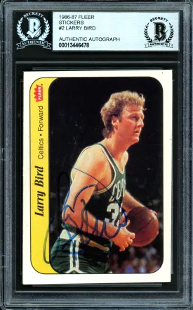 Larry Bird Autographed 1986-87 Fleer Sticker Card #2 Boston Celtics Beckett BAS #13446478