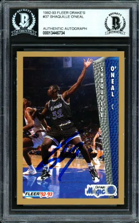 Shaquille Shaq O'Neal Autographed 1992-93 Fleer Drake's Rookie Card #37 Orlando Magic Beckett BAS #13446734