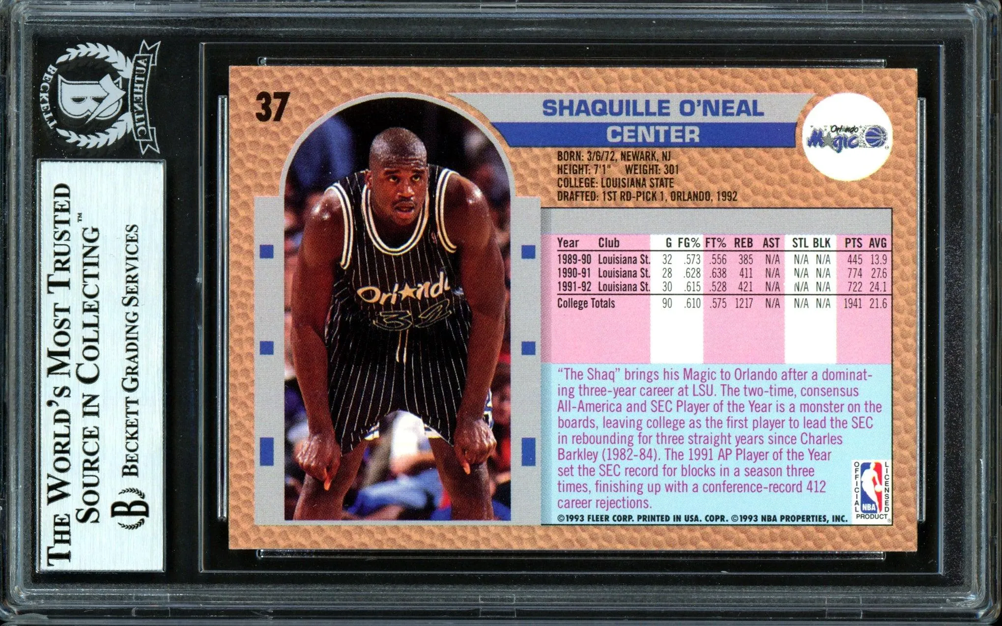 Shaquille Shaq O'Neal Autographed 1992-93 Fleer Drake's Rookie Card #37 Orlando Magic Beckett BAS #13446734