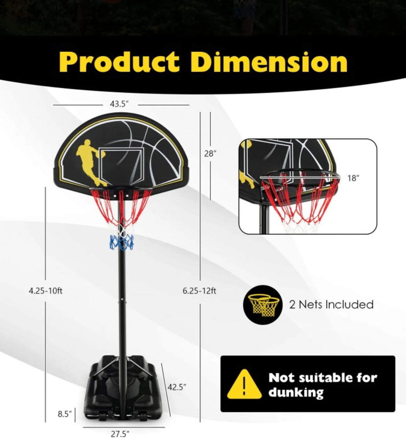 Super Cool Adjustable Basketball Net Hoop Set 4.25-10FT | Heavy Duty | 2 Nets | Shatterproof Backboard | Indoor | Outdoor