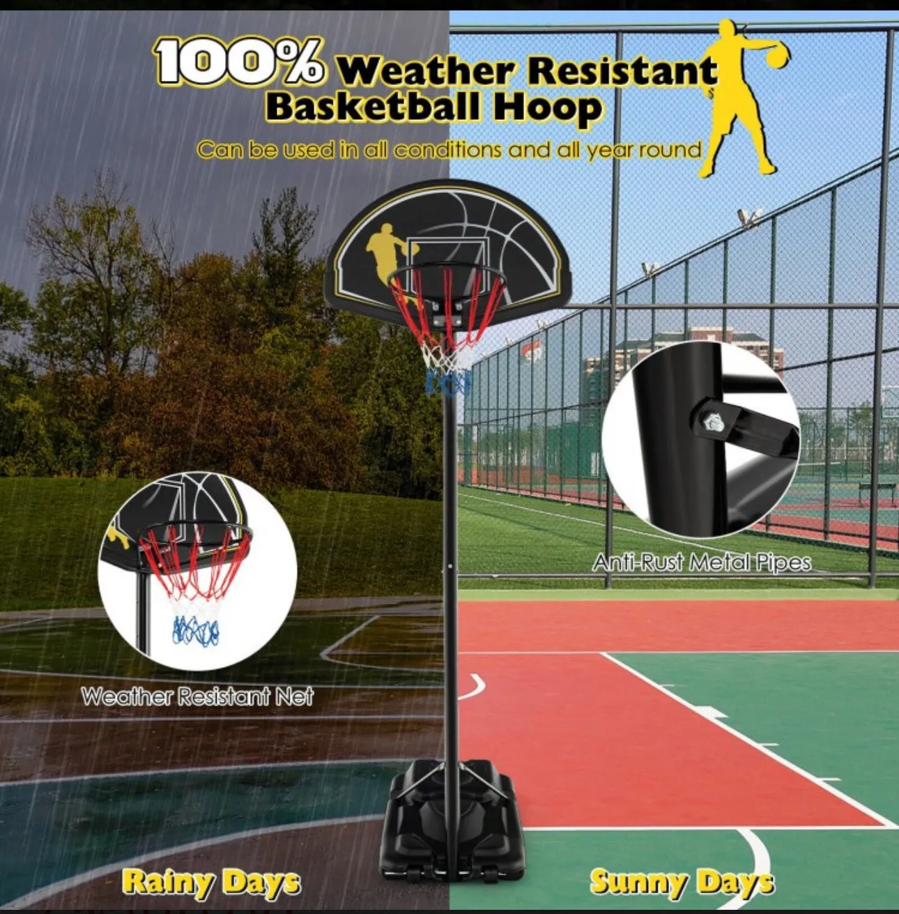 Super Cool Adjustable Basketball Net Hoop Set 4.25-10FT | Heavy Duty | 2 Nets | Shatterproof Backboard | Indoor | Outdoor