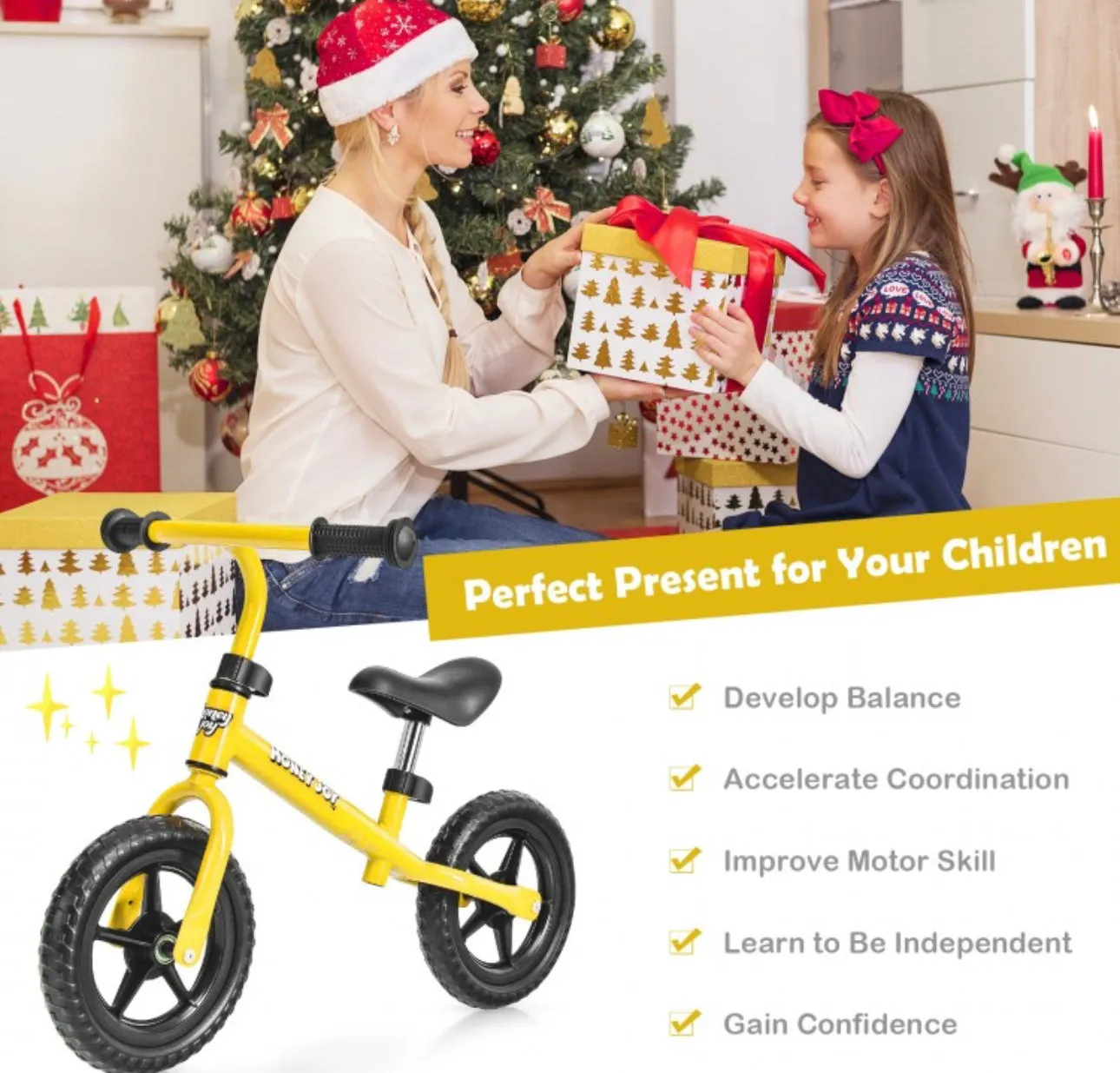 Super Cool Fun Kids No Pedal Balance Bicycle Bike Adjustable Seat, Handles Ages 2.5-5 | Very Light | Heavy Duty | Eva Rubber Wheels