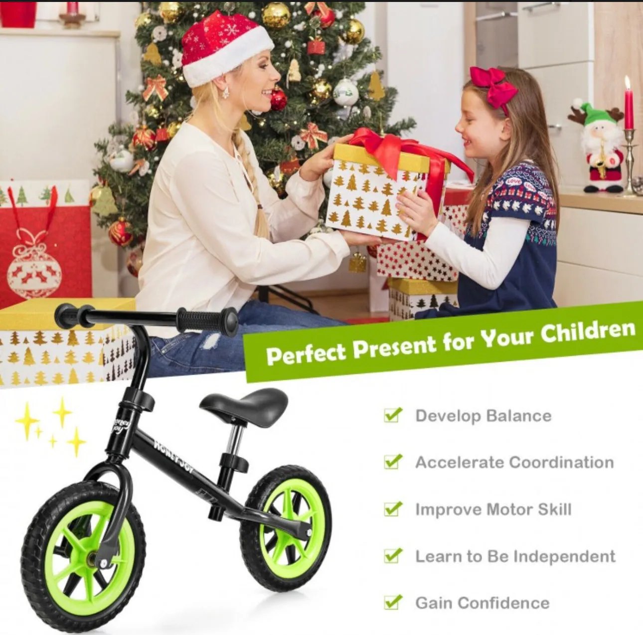 Super Cool Fun Kids No Pedal Balance Bicycle Bike Adjustable Seat, Handles Ages 2.5-5 | Very Light | Heavy Duty | Eva Rubber Wheels