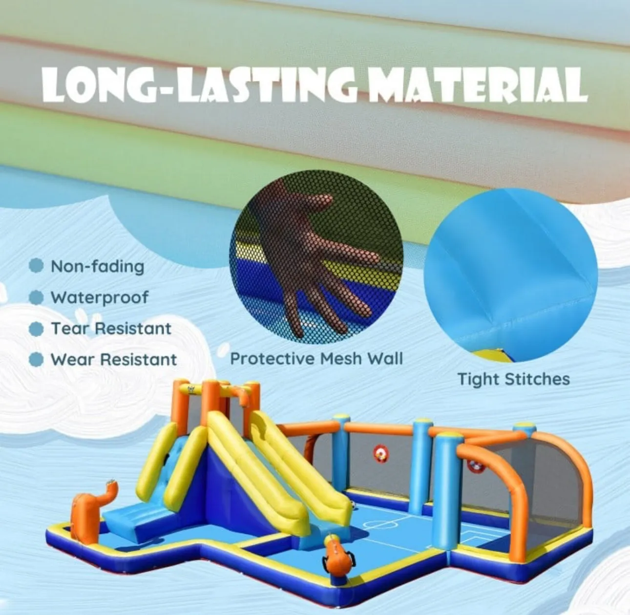 Super Fun Massive Inflatable Soccer Theme Bouncy Park Water Slide,Climbing,735W Blower,Soccer Ball,Carry Bag,Hose,Balls,Repair Kit,Water Cannon,