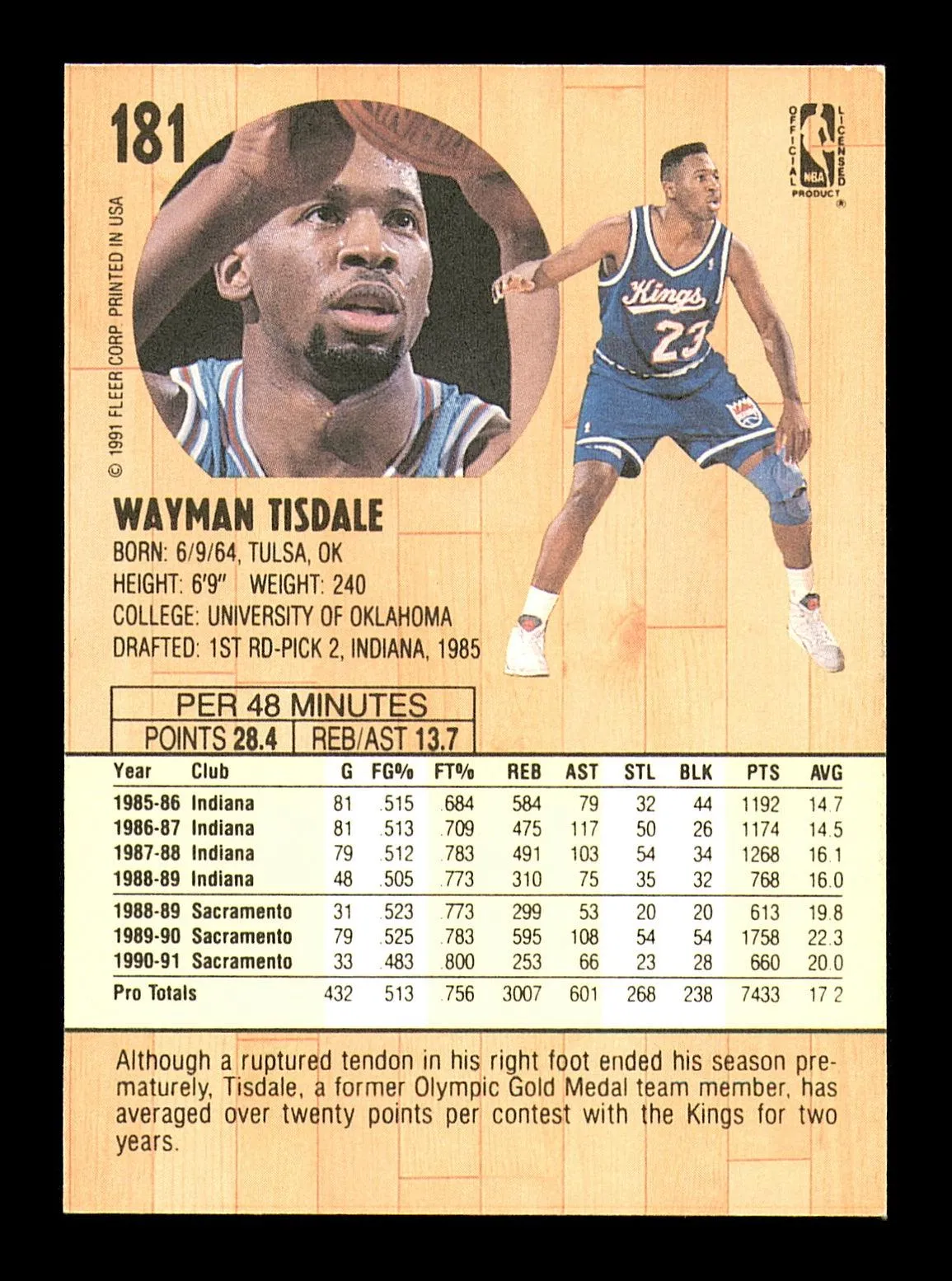 Wayman Tisdale Autographed 1991-92 Fleer Card #181 Sacramento Kings SKU #183269