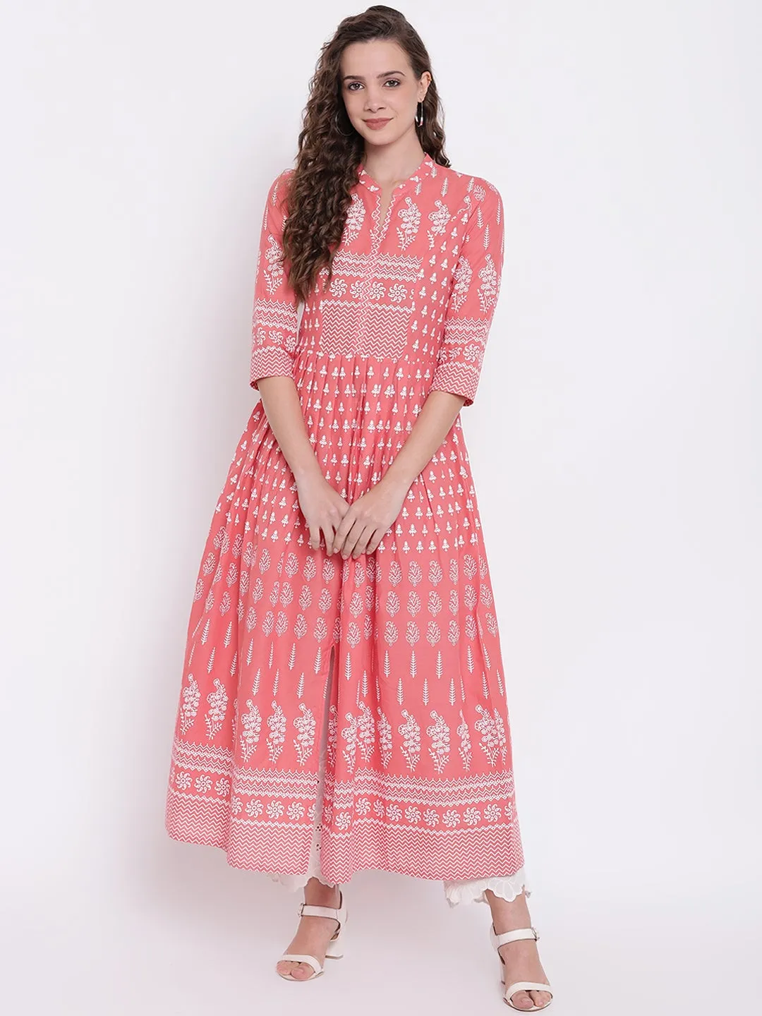 Women'S Pink A Line Printed Cotton Kurta Plus Size