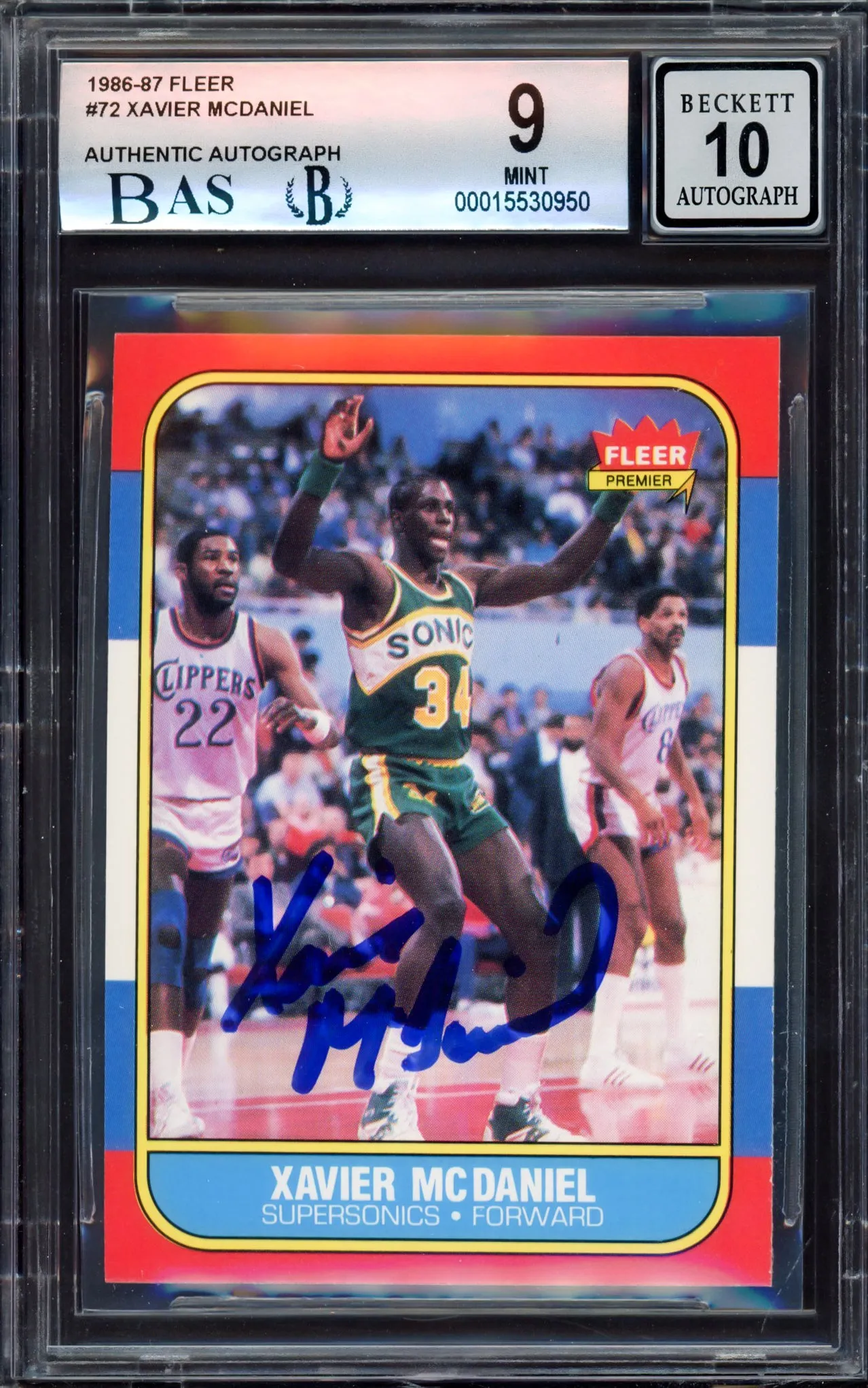 Xavier McDaniel Autographed 1986-87 Fleer Rookie Card #72 Seattle SuperSonics BGS 9 Auto Grade Gem Mint 10 Beckett BAS #15530950